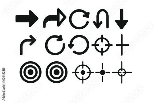 Black direction arrows, turning signs, circular motion arrows, dartboard targets, crosshairs vector symbols, navigation pointer icons, set on transparent background illustration