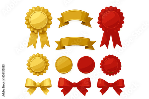 Realistic gold and red award ribbon set with blank round medallions, scalloped rosettes, prize badges, curved banners and decorative bows isolated on transparent background vector