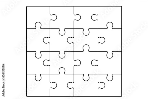 Blank jigsaw puzzle grid. Clean black outline pieces. Connection concept. Teamwork collaboration. Problem solving. Missing piece metaphor. Modular integration illustration.