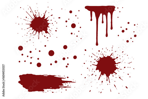 Realistic dark red blood splatter stains, dripping drops and spray explosions set. Horror gore crime scene forensic evidence elements. Halloween murder mystery background isolated vector illustration
