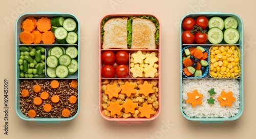 Artful Meal Prep A Trio of Colorful Bento Boxes with Whimsical Healthy Food.