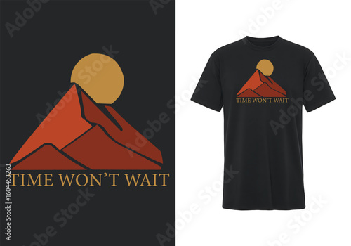 The image features a design with a stylized red mountain and a golden sun above it on a black background. Below the mountain, the text reads 