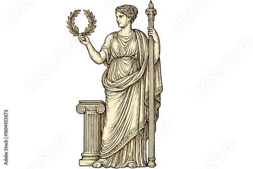 Classical ancient Roman Greek goddess victory figure laurel wreath Ionic column elegant majestic antique historical mythology vector illustration transparent background