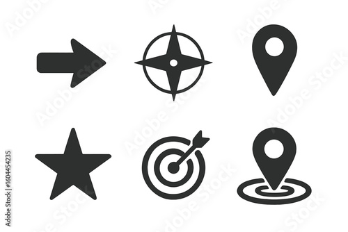 Navigation and location flat icon vector set. Arrow, compass, star, map pin, target symbols. For direction, destination, GPS, maps, goal, favorite and infographics.
