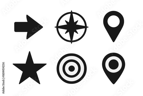 Navigation icon set with arrow, compass, star, map pin, target. Location symbols for direction, maps, gps. Flat black vector pictogram for ui, ux, web, app design project.