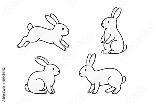 Rabbit bunny line art collection. Simple minimal vector icons. Cute cartoon character in different poses like hopping, sitting, standing. Easter animal pet illustration set.
