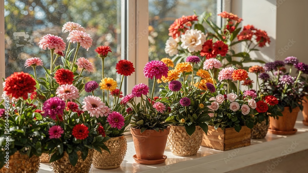 Fototapeta premium Indoor windowsill decorated with multiple blooming potted flowers