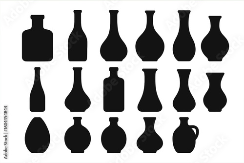 Vector set of bottle, vase, and jar silhouettes. Collection of various black container shapes. Graphic design elements, icons, or clipart for patterns and projects. Isolated.