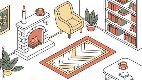 Cozy living room interior with fireplace and bookshelf