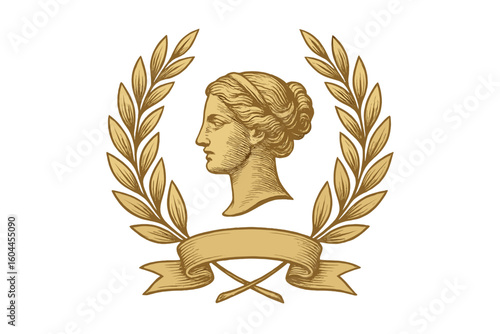 Golden laurel wreath framing classical goddess profile medal emblem, luxury antique Greek Roman style vector illustration symbolizing victory, success, honor and triumph