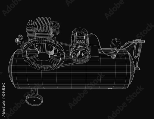 A 3D wireframe model of an air compressor displays intricate mechanical details on a black background. The blueprint highlights key components like valves, pistons, and hoses with precision.