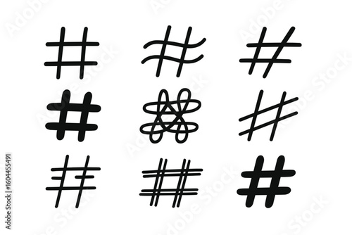 Hashtag symbols vector collection set. Social media hash tag icons. Black line art abstract creative hand drawn artistic doodle style transparent background illustration