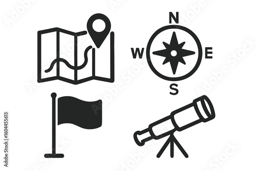 Navigation and exploration icon set with map location pin, compass rose, expedition flag and telescope silhouette isolated on transparent background, travel wayfinding vector