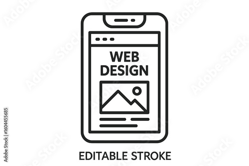 Mobile web design interface outline vector icon—responsive smartphone page layout, minimalist wireframe template, editable stroke, scalable SVG, transparent background for UI UX prototyping
