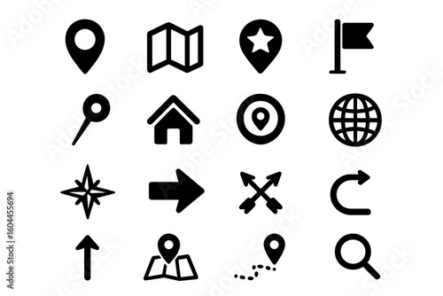 Navigation and Map Icon Set – 16 Black and White Vector Symbols for GPS Pin, Location Marker, Compass, Direction Arrow, Flag Pointer, Globe, Route Tracking, Home Interface Background