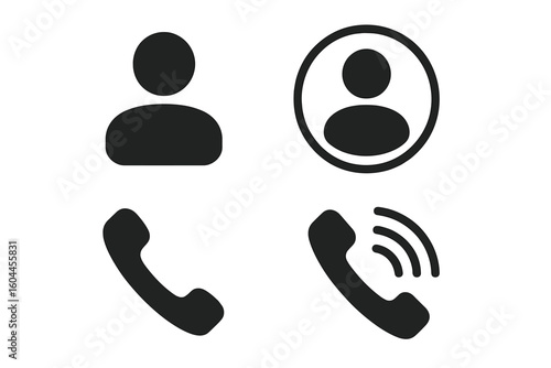 User avatar profile icons and phone communication symbols – flat glyph contact pictograms of hotline handset, ringing call, customer support vector on transparent background