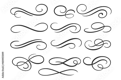 Elegant Calligraphic Swirls and Flourishes Vector Set on White Background, Decorative Swoosh and Underline Ornaments for Invitation, Card, Branding, Logo, Stationery, Graphic Design