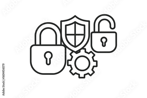 Cyber security outline icons with closed and unlocked padlocks, shield emblem, gear settings, data protection privacy safety, line art vector illustration on transparent backdrop