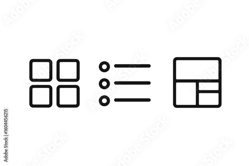Minimalist grid view, bulleted list, and dashboard layout icon set; thin line symbols for web app UI navigation controls, editable stroke vector on transparent background