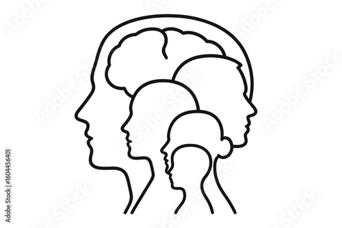 Multiple layered head silhouettes inside one outline brain icon showing mental health stages, psychology, identity evolution, generational diversity, human concept vector illustration