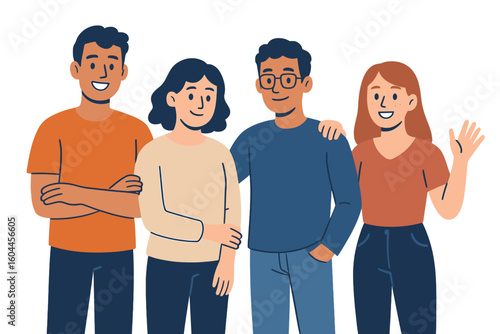 Friendly diverse young team standing together, smiling and waving, cartoon vector illustration of colleagues collaboration, friendship, teamwork concept on transparent background
