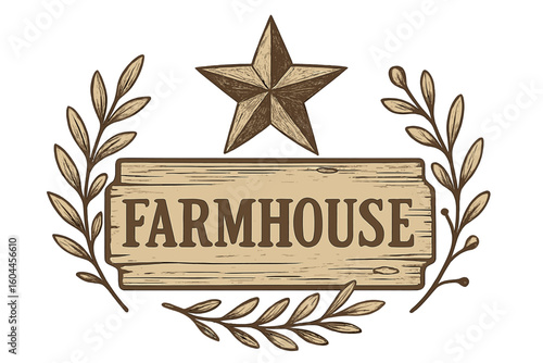 Rustic farmhouse wood plank sign with vintage barn star and laurel wreath, wall decor emblem, chic rural home aesthetic, hand drawn vector illustration on transparent background