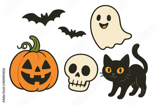 Halloween cute cartoon vector icons set collection pumpkin ghost black cat skull bats spooky illustration kids friendly design transparent background
