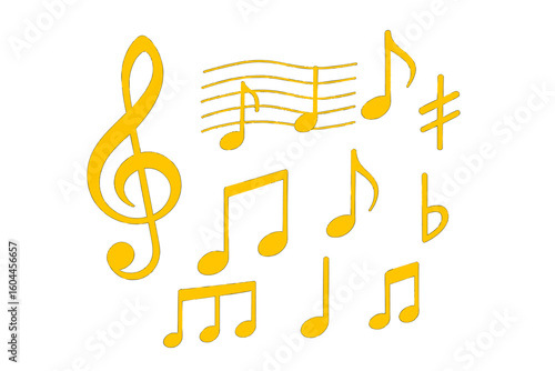 Golden music notes vector icon set. Treble clef, musical staff, sharp, flat symbols. Sound, melody, song elements for design. Isolated graphic illustration for audio.
