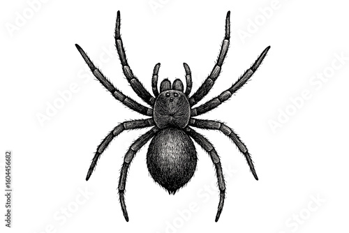 Spooky Halloween creepy crawler tarantula spider illustration – hairy arachnid vintage hand-drawn ink engraving, high-detail entomology nature study clipart, isolated transparent vector for designs