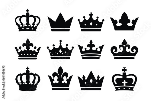 Crown vector collection of royal luxury symbols. Black crown silhouettes in diverse designs. Isolated icons symbolizing power, authority, majesty, king, queen, monarchy.