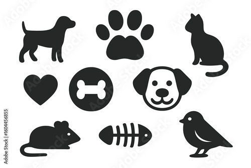 Pet animal silhouette icon collection set. Dog cat bird mouse fish paw print bone heart vector graphics. Animal lover design elements symbols wildlife domestic pets