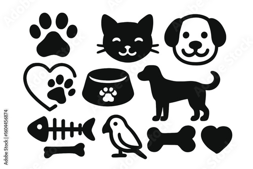 Pet animal icons vector set collection black silhouettes dog cat bird paw prints hearts bones fish bowl veterinary care symbols graphic design elements illustration