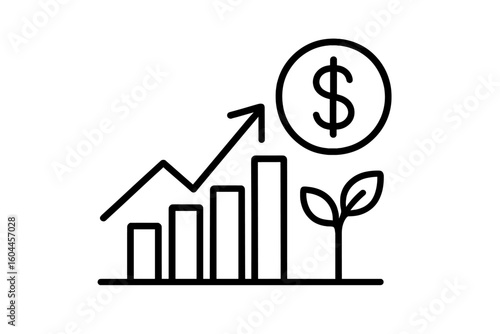 Financial growth and sustainable investment icon. Upward arrow over rising bar chart, dollar coin and seedling. Minimalist black line illustration for finance, profit, economy