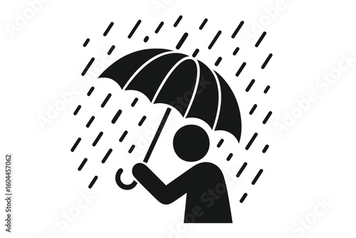 Rainy weather protection concept vector icon – person silhouette holding umbrella under falling raindrops, monsoon storm, precipitation safety symbol on transparent background