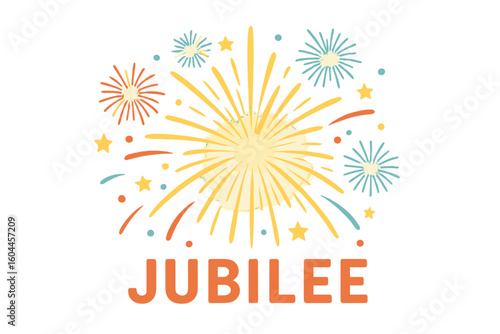 Spectacular fireworks and celebratory pyrotechnic burst display on radiant golden background, colorful star explosions, festive jubilee celebration illustration concept, holiday party design vector