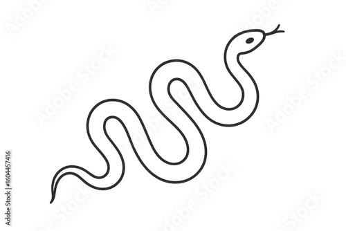 Minimalist wavy snake line art vector illustration. Monochrome slithering serpent outline icon isolated on white background. Simple reptile tattoo design, elegant animal motif.