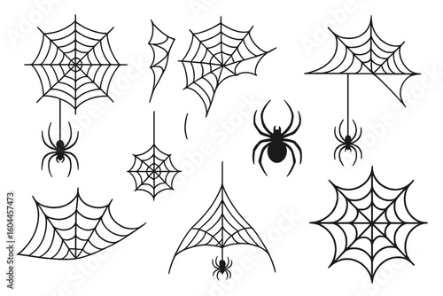 Spider web silhouette collection on transparent background featuring assorted cobweb shapes, corner nets, hanging spiders, creepy insect motifs, spooky Halloween decoration vector set for designers