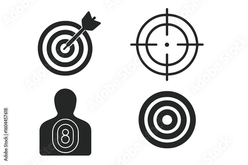 Target icon set. Bullseye with dart, rifle crosshair sight, silhouette shooting body target, concentric ring dartboard. Aim accuracy precision shooting archery competition vector