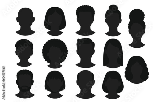 Diverse African American male female avatar silhouette set. Variety of black people head shapes, hairstyles, man woman boy girl profiles icons. Afro hair vector background