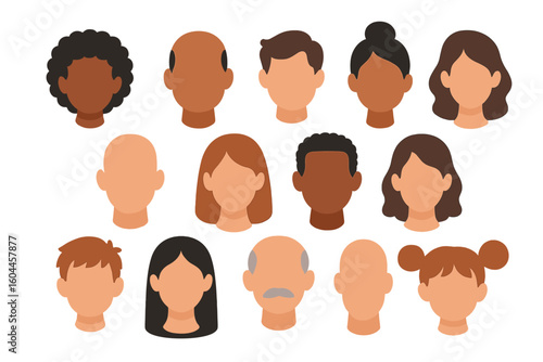 Diverse people head avatars multicultural vector illustration set. Different hairstyles ages ethnicities profile icons collection transparent background