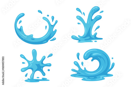 Water splash vector set. Blue liquid drops and wave spray. Dynamic aqua shapes collection. Fresh clean water elements. Cartoon illustration isolated on white background.