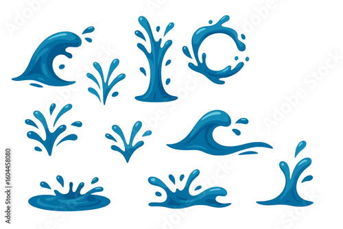 Dynamic Water Splash Vector Set, Cartoon Blue Liquid Waves and Water Drops Collection, Splashing Fluid Motion Elements, Decorative Water Splash Clip Art, Isolated on White Background