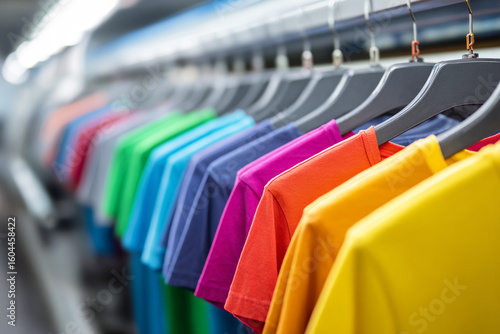 Colorful t-shirts hanging on hangers in the print shop, ready for printing on an industrial digital textile press machine. In close-up, the focus is on one gray T-shirt and other colored shirts. 