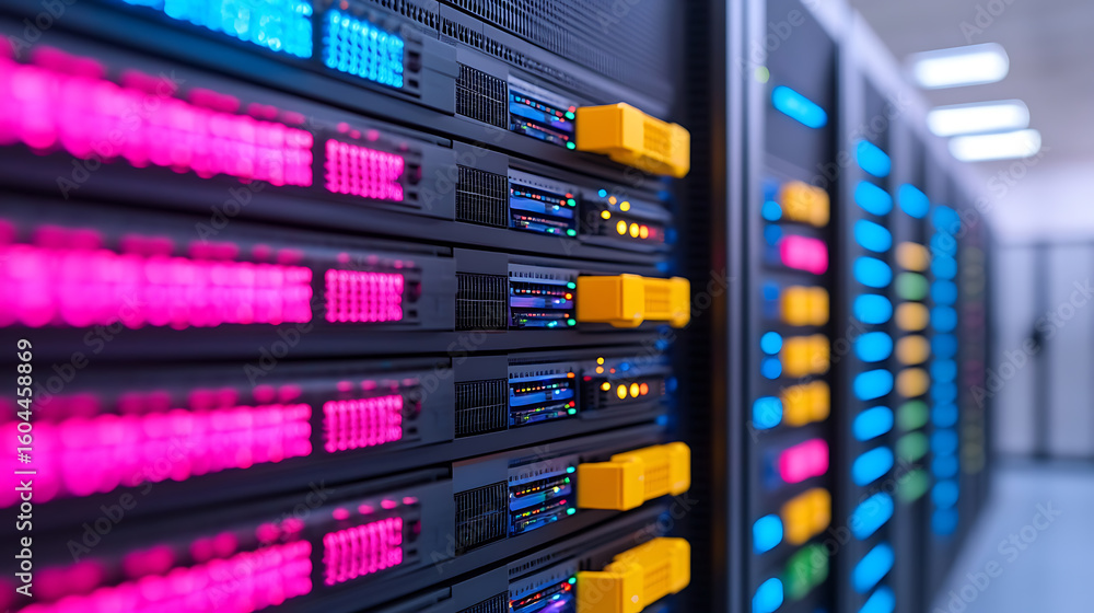 Close-up of a server room showcasing rows of server racks with vibrant lights, reflecting data processing and network infrastructure. Close-up of a server room showcasing rows of server racks with vibrant lights, reflecting data processing and network infrastructure.
