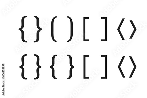 Essential Bracket and Brace Symbols Vector Set – Curly, Square, Round, Angle Bracket Icons for Coding, Software Development, Web Design, Application Interfaces – Black Isolated on White