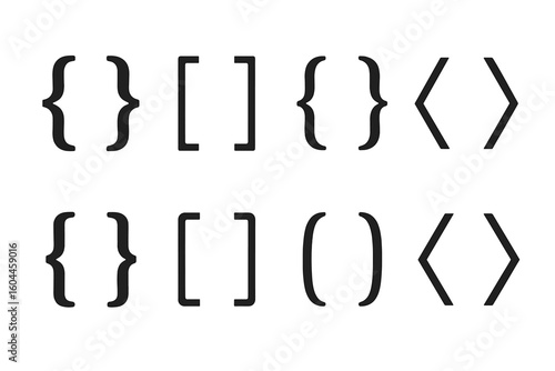 Essential Black Bracket Symbols Set—Curly Braces, Square Brackets, Parentheses, Angle Brackets in Modern Minimalist Style for Coding, Web Development, Software, Design, and Application UI