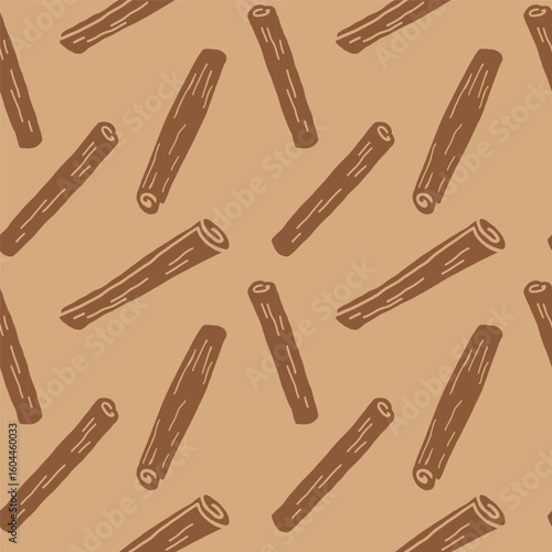 Cinnamon sticks bark seamless pattern. Hand drawn brown spice on decorative ornament. Rolled cinnamons spicy seasoning condiment. Aromatic ingredient for cooking, backing. Vector repeating background