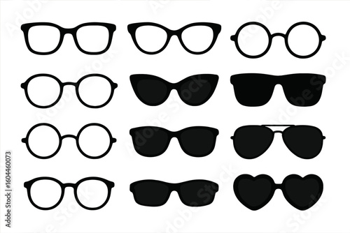 Glasses and sunglasses silhouette vector icon set. Black collection of diverse eyewear styles and shapes. Fashion accessories for summer. Eyeglasses frames illustration.