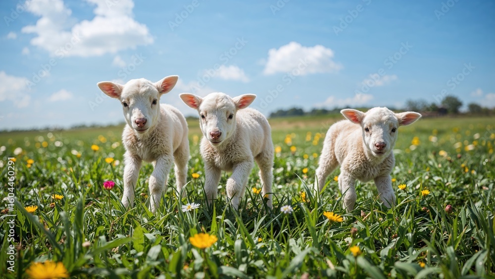 Fototapeta premium Tiny lambs playing among garden plants. Nature's rule