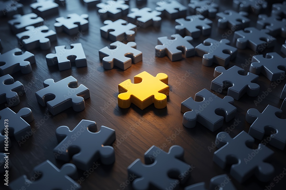 Obraz premium Single bright yellow puzzle piece surrounded by dark grey pieces image